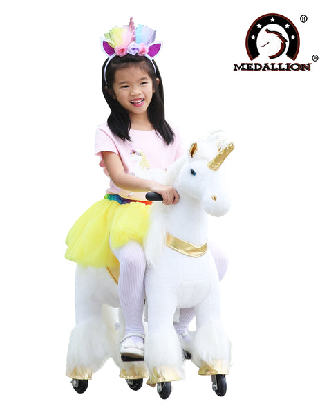 Medallion - My Unicorn Ride On Toy Horse for Girls with Tutu Skirt Small Size (Gold Color) with Headband & Skirt (TUTU) for Your Child